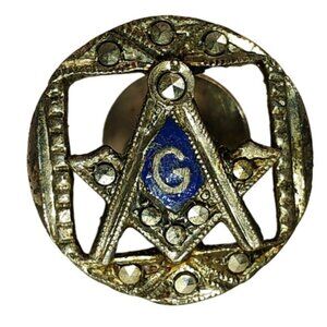 Vintage Masonic Lapel Pin With Blue Enamel Letter G & Rhinestones A329